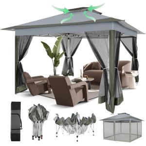 COBIZI 12x12 Pop Up Gazebos On Clearance - Upgrade Easy Up Metal Outdoor Gazebo Waterproof - Portable Gazebo with Mosquito Nettings, 4 Ropes 8 Stakes and Carry Bag for Patio Garden(Dark Gray)