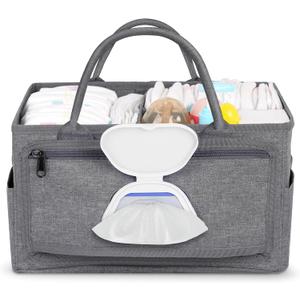 Volnamal Diaper Caddy with Wipe Dispenser One-Handed Access, Premium Diaper Organizer, Portable Car Organizer Nursery Basket for Newborn Essentials, Baby Registry Must Haves for Boys & Girls, Grey