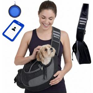 Hands-Free Sling Pet Carrier for Cats and Small Dogs up to 10lbs  Travel Set Includes Foldable Water Bowl & ID Card  Breathable Mesh, Safety Hook & Adjustable Padded Strap for Walking & Travel (Black)
