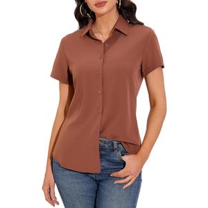 GUANYY Women's Short Sleeve Button Down Shirt Womens Shirts Dressy Casual Business Work Blouses V Neck Collared Tops (X-Large, Coffee)