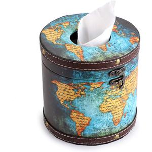Sumnacon Round Tissue Box Cover Retro Wooden Tissue Holder with Lid, Round Wood Toilet Paper Cover Decorative Tissue Box Holder for Bathroom Toilet Living Room Table Desk Office, Green Map