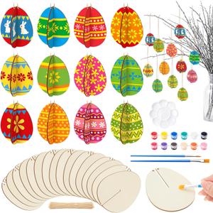 Wenqik 40 Pcs DIY 3D Easter Eggs Wood Crafts to Paint, Unfinished Wooden Cutouts Ornaments with 12 Colors Paint 2 Brushes 1 Palette, Classroom Activity Hanging Decoration Basket Stuffers, 12 Sets