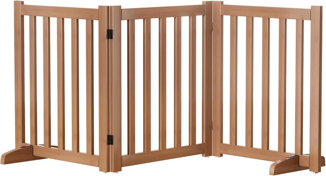 Wooden Freestanding Foldable Dog Gate, 24 Inch Height 3 Panel Pet Gate No Drill for Doorways Stairs, Fully Assembled Indoor Puppy Fence (Brown, 60" W x 24" H)