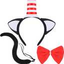 Aprince 3PCS Cat Hat in Red White Ear Headband with Bow Tie and Tail Costume Accessories Cosplay Party Decorations for Adults
