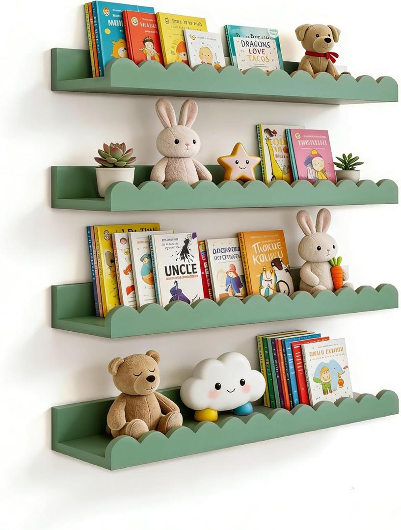 Scalloped Shelves for Nursery - Wall Book Shelves for Bedroom Kids, Nursery Bookshelf for Wall Set of 4, Floating Book Shelves Solid Wood,16 Inch, Sage
