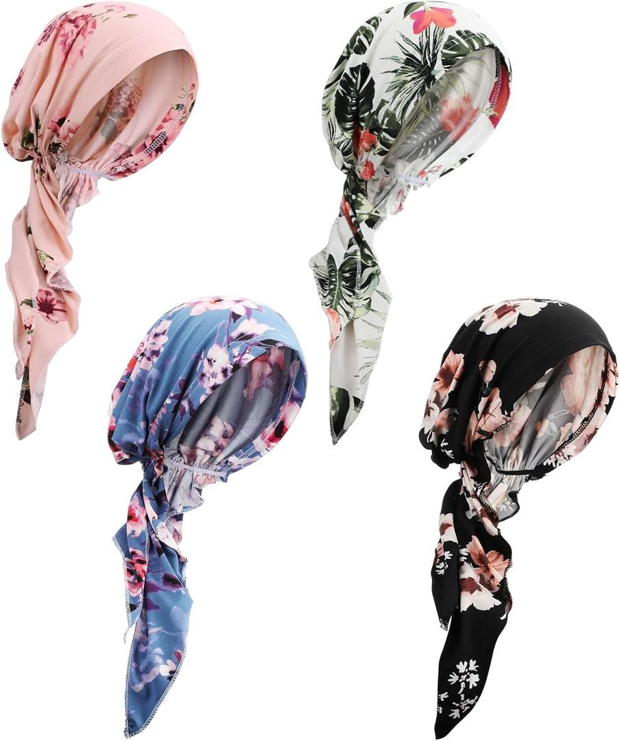 Halfchet 4 Pcs Chemo Headwear for Women Pre Tied Cancer Caps Head Scarf Turbans for Women Patients Gifts