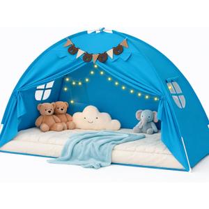 Twin Bed Tent, Bed Canopy Bunk Bed Tent with Stars Lights & Flags, Breathable Sleeping Tent, Privacy Space Dream Playhouse for Indoor Bedroom Floor, Portable Foldable Play Tent with Storage Bag, Blue (Bule)