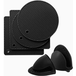 Silicone Trivet Pot Mat and Oven Mitts Sets | Heat Resistant Pot Holder and Mini Non-Slip & Flexible Oven Gloves for Kitchen Baking Cooking, Black (2 Square, 2 Round Mats, 1 Pair Oven Mitts, Black)