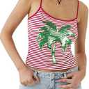 MOUSYA Summer Tank Tops Women Sequin Palm Tree Shirt Striped Spaghetti Strap Crop Cami Y2K Aesthetic Sleeveless Tops L