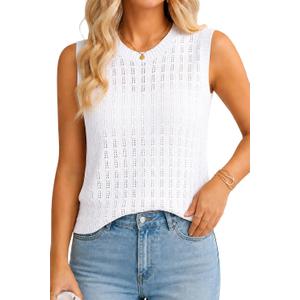 QUALFORT Sleeveless Tank Tops for Women, Crochet Summer Sweater Vest, Hollow Out Knit Casual Shirts, Beach Vacation Outfits (M)