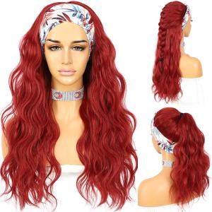 SAPPHIREWIGS Glueless Headband Wig Loose Body Wavy Synthetic Hair None Lace Front Wigs for Black Women Wave Red Color Machine Made 150% Density 26inch
