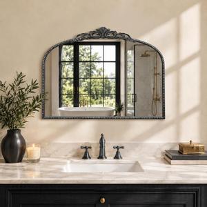 Vintage Black Arched Mirror: 32"x24" Baroque Antique Vanity Mirror