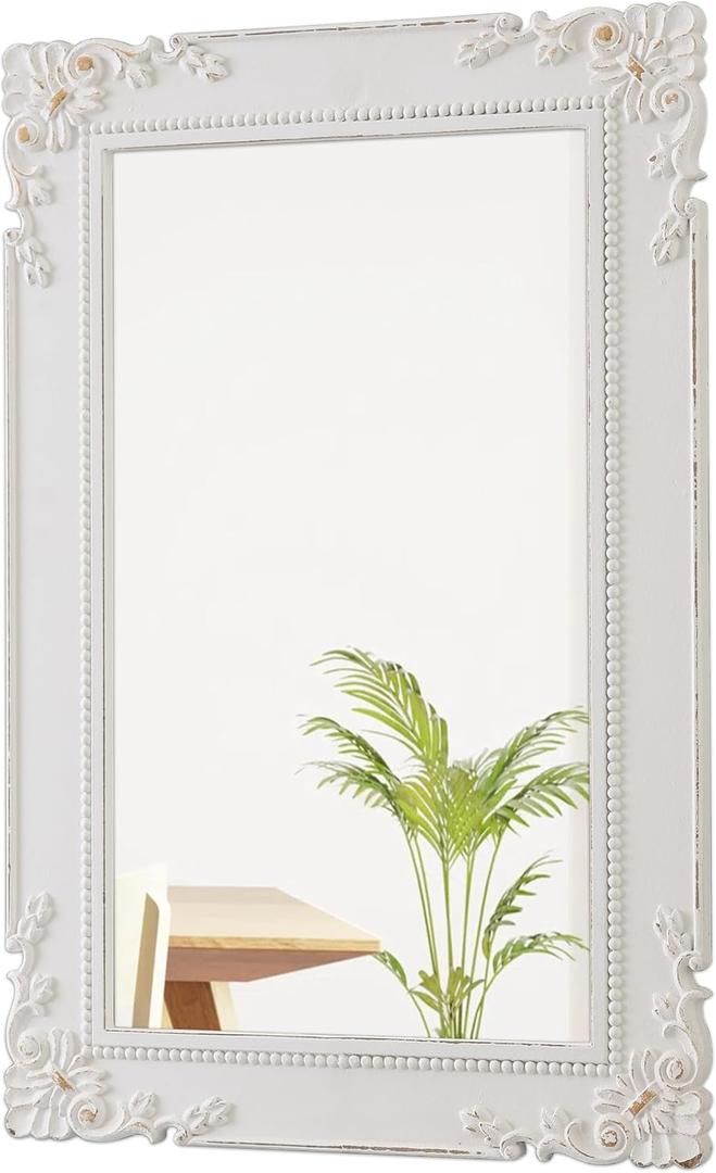 Antique White Bathroom Mirror 24 x 36 Inch, Hanging Distressed Gold Mirror Vintage, Rustic Wood Frame with Beaded Detailing Rectangular Vintage Mirrors for Wall, Horizontal or Vertical