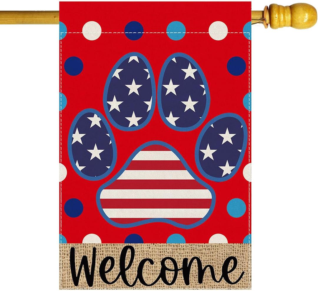 Welcome Dog Paw Dots Stripes Stars America 4th of July Memorial Day Independence Day House Flag 28X40 Inch Vertical Double Sided for Outside Yard Outdoor Farmhouse Holiday Decoration