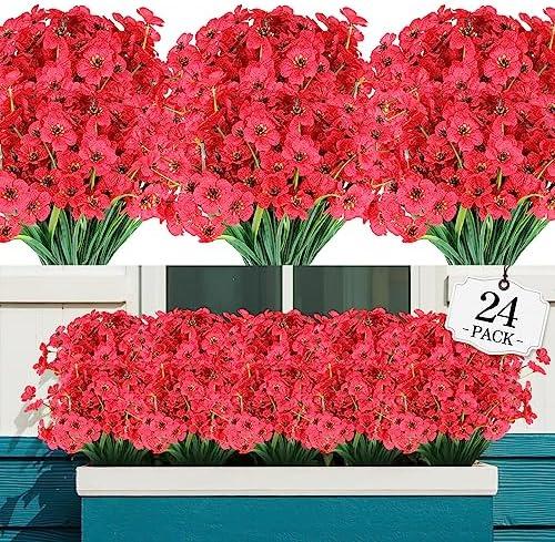 AGIRL 24 Bundles Artificial Flowers for Outdoor,No Fade Fake Plastic Flowers Faux Plants for Decoration Hanging Planters Indoor Outside Garden Porch Window Box Home Wedding Farmhouse