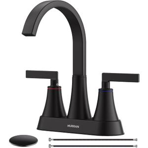 Cobbe Waterfall Bathroom Faucets 3 Hole, Matte Black Bathroom Sink Faucet Square 4 Inch Centerset with Pop-Up Drain, 2 Handle and 2 Supply Hoses, Lead-Free Stainless Steel for Vanity Sink Rv
