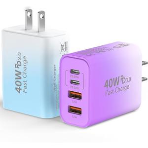 USB C Wall Fast Charger Block, 40W 4-Port Type C Chargers Fast Charging Blocks PD Power Charger Adapter+QC 3.0 USB Multiport Charger Brick for Phone 17/16/15/14/13/12 Pro Max, i-Pad, Galaxy S25-2Pack