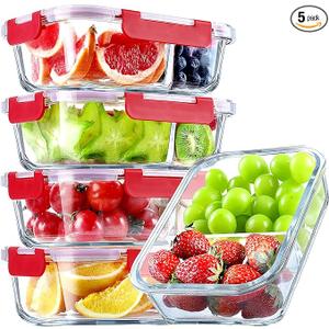 VERONES 5 Pack Glass Meal Prep Containers 2 Compartment Set, 36OZ Airtight Glass Lunch Containers, Glass Food Storage Containers with Lids, for Microwave, Oven, Freezer & Dishwasher Friendly,Red