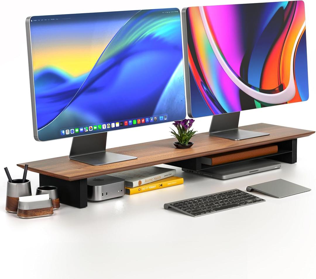 COREMINDED Solid Wood Dual Monitor Stand Riser 43" Walnut Desk Shelf for 2 Monitors with Tray & Wool Felt, Organizer for Desktop, Laptop and Office (Walnut)