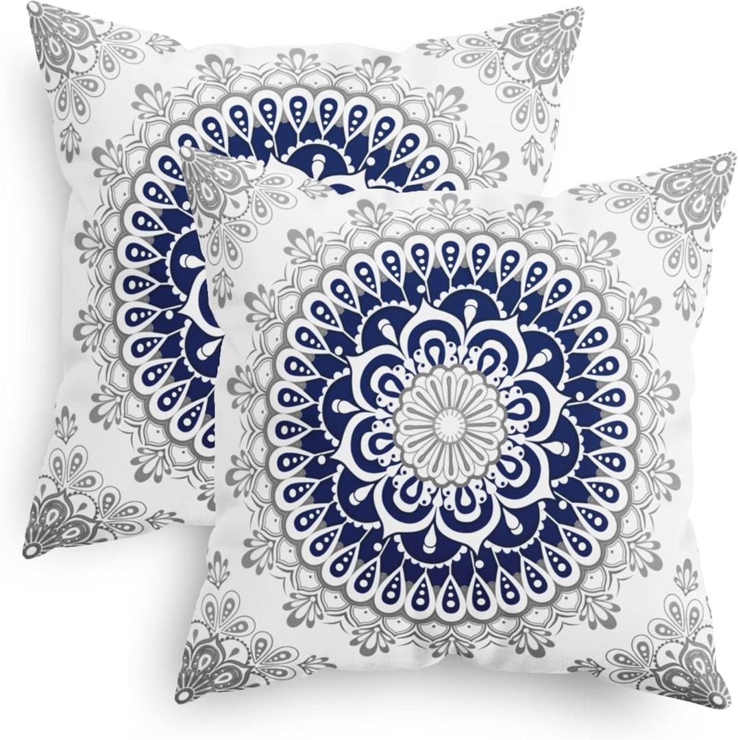 CaliTime Throw Pillow Covers Pack of 2 Cozy Fleece Mandala Dahlia Floral Medallion Compass Style Cushion Cases for Couch Bed Sofa Farmhouse Decoration 18 X 18 Inches Navy Blue Grey