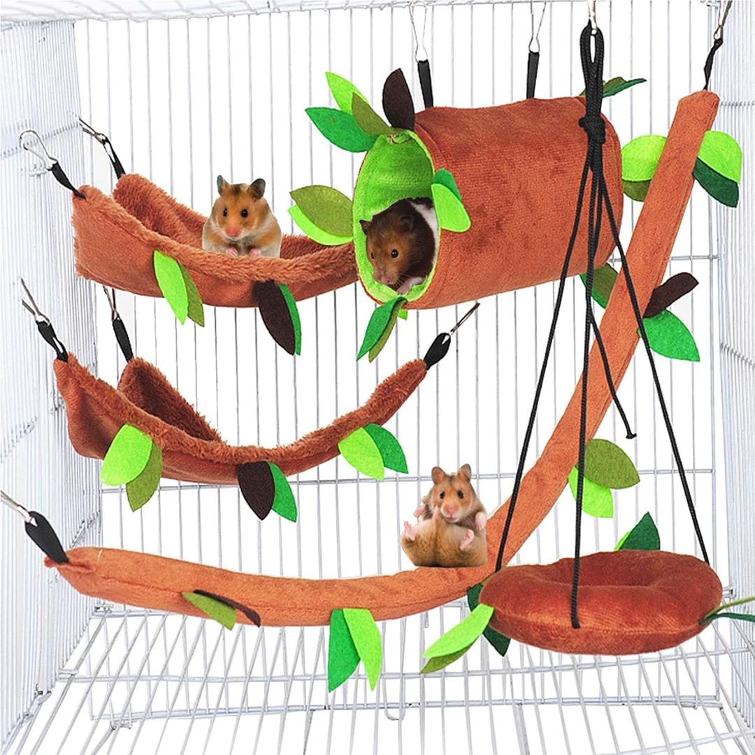 Hamiledyi 5PCS Hamster Hammock Sugar Glider Hammock Set Sugar Glider Cage Accessories Toys Small Animals Hanging Bed Hideout Tunnel Swing Rodent Iqammocking for Small Hamster Rat Gerbil (Brown)