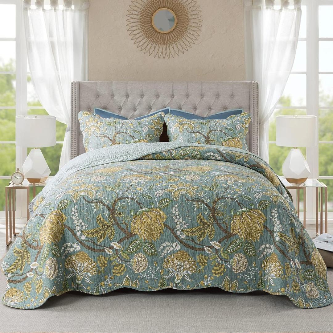 NEWLAKE Cotton Bedspread Quilt Sets-Reversible Patchwork Coverlet Set, Green Floral Pattern, King Size