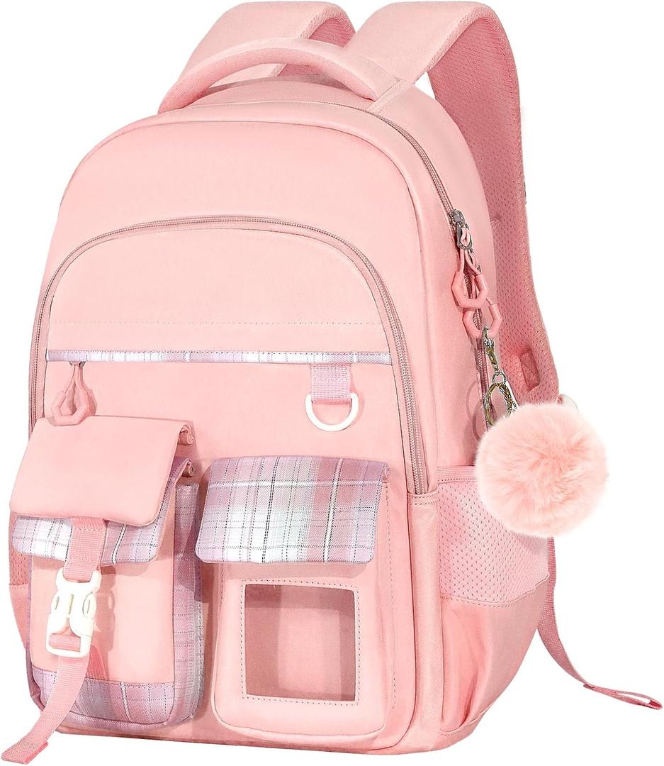 Kawaii Pink Kids Backpack for Girls, Fashion Multiple Pockets Bookbag for Primary Elementary High School for Teen Girls