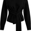 Yeokou Women Tie Front Sweater Soft Loose Long Sleeve Crew Neck Belt Knit Pullover Top Office Dressy (Black, XL)