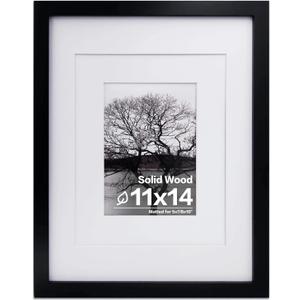 Egofine 11x14 Picture Frame Black - Photo Frame Made of Solid Wood Covered by Plexiglass for Table Top Display Pictures 5x7/8x10 with Mat or 11x14 Without Mat with Wall Mounting Hardware