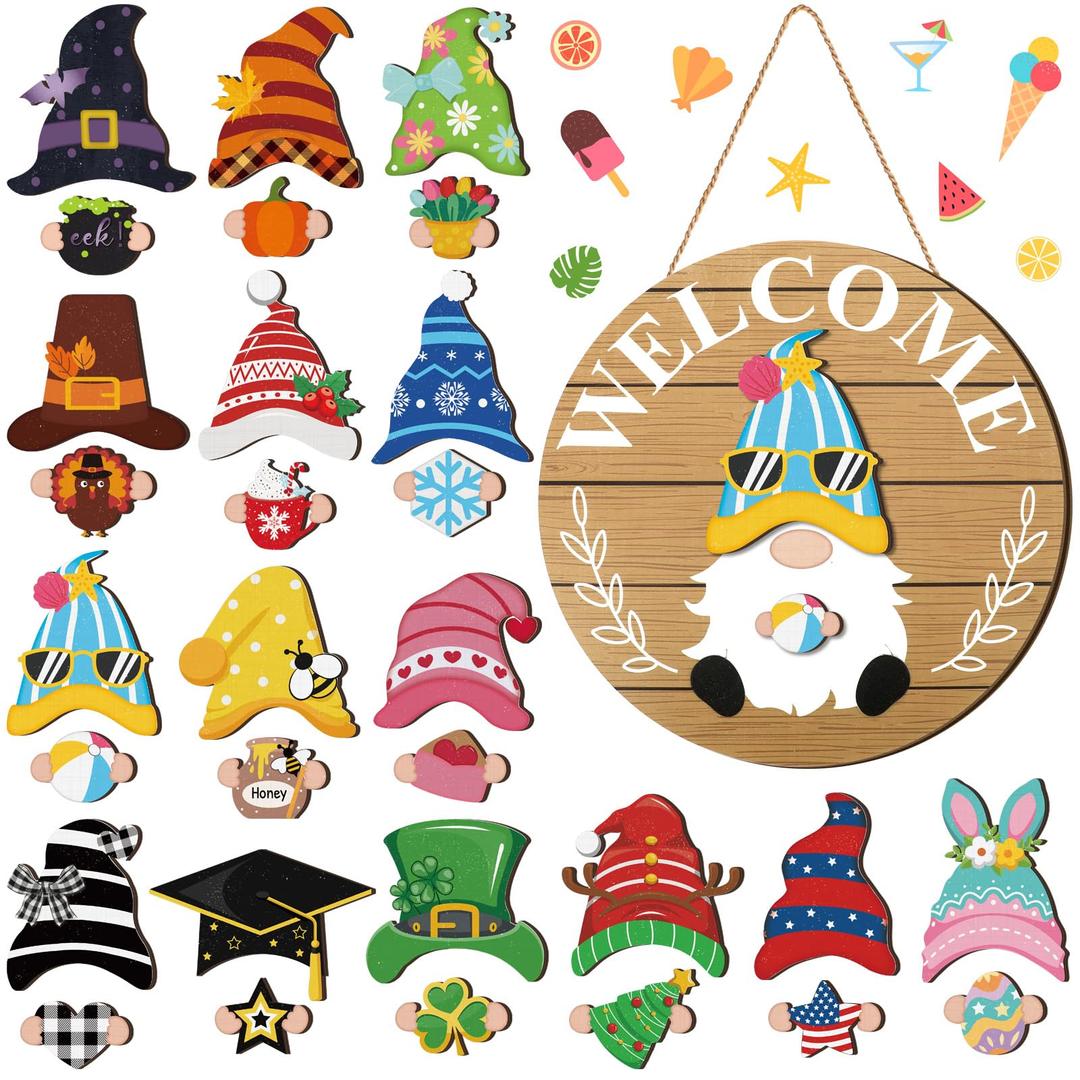 Qunclay Interchangeable Wooden Gnome Decor Holiday Seasonal Gnome Decorations with Magnet Pieces and Detachable Hats Changeable Welcome Sign for Home(Delicate Style)