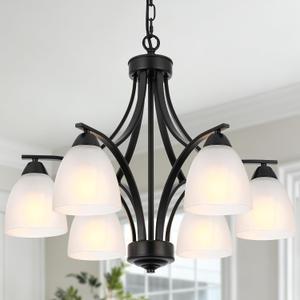 6-Light Black Chandelier Opal Milk Glass Kitchen Pendant Ceiling Light