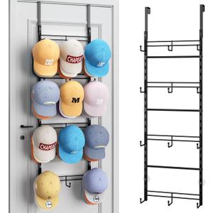 SWTYMIKI Over Door Hat Organizer - 4 Tier Metal Adjustable Wall Mounted Hat Rack with 12 Hooks Design, Hanging Baseball Cap Organizer Storage Holds up to 36 Caps for Door, Bedroom, Closet (Black)
