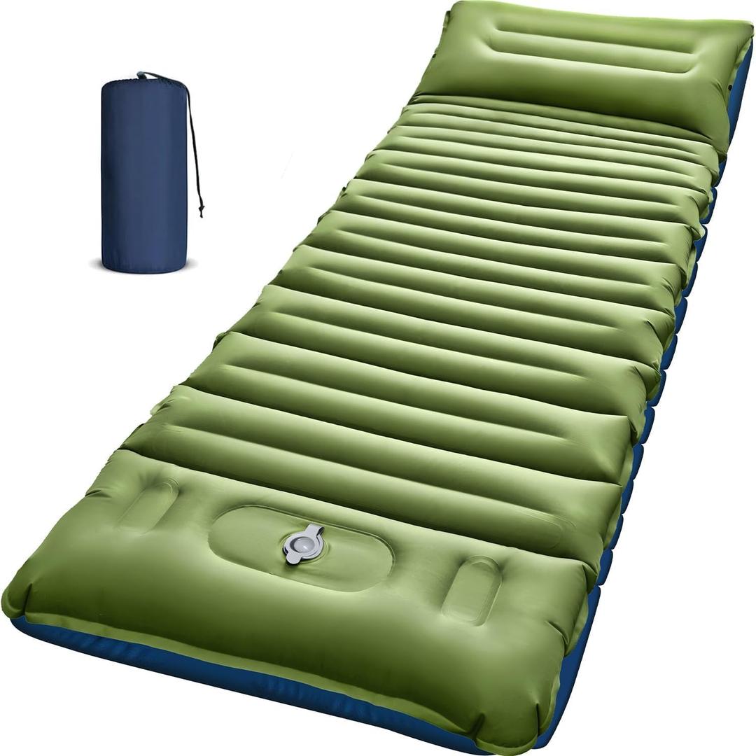 Camping Sleeping Pad, Thick 5 Inch Camping Mat with Pillow Built-in Foot Pump Ultralight Inflatable Sleeping Pads for Camping, Backpacking, Hiking, Tent (Single, Green)