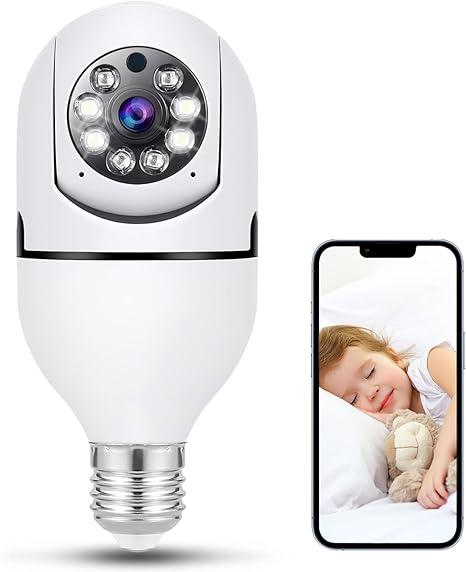 Light Bulb Security Camera Wireless Outdoor Indoor 2.4G WiFi Security Cameras for Home Security 360° PTZ Camera Motion Detection and Alarm Two-Way Audio Based E27 Light Bulb Socket 1 PC