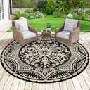 Capslpad 6x6 Outdoor Rug for Patio Clearance Reversible Mat Round Portable Plastic Straw Carpet Waterproof Boho Outside Area Rug for RV Camping Picnic Pool Tent Balcony Beach Deck, Black and Brown