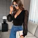 Fayenne Womens Tops Deep V Neck Cross Wrap Sexy Tops Polka Dot Mesh Long Sleeve T Shirt Casual Blouses (Black, XXXL)