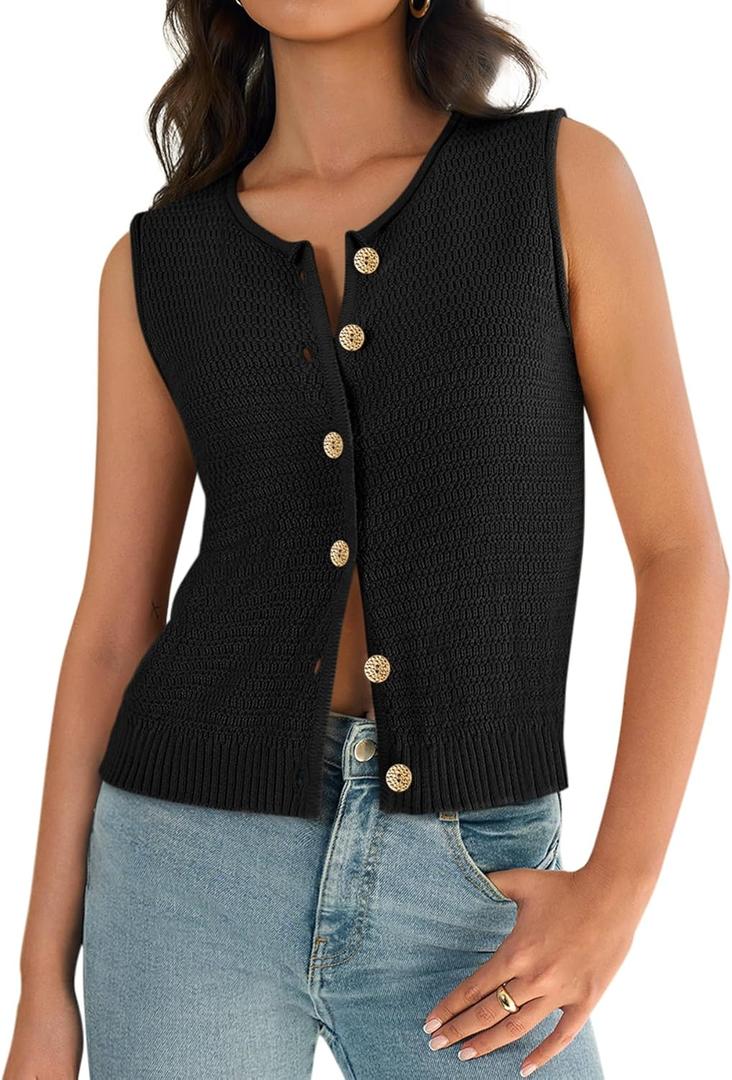 Yousify Womens Sweater Vest 2025 Summer Trendy Sleeveless Knit Button Down Tank Tops Casual Cardigan (Small, Black)