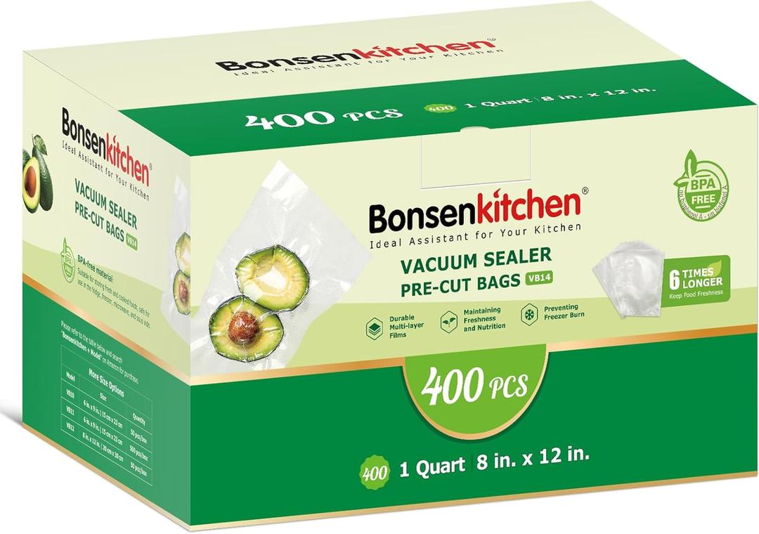 Bonsenkitchen Vacuum Sealer Bags,400 Quart 8" x 12" Precut Food Sealer Bags, Commercial Grade, BPA Free, Heavy Duty, Customized Size Vacuum Bags for Vac Storage, Meal Prep or Sous Vide Cooking, VB14
