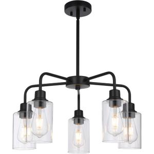 5-Light Modern Black Chandelier with Clear Glass Shades, E26 Base Farmhouse Pendant Light Fixture, Adjustable Swivel Heads Ceiling Lighting, Industrial Chandelier for Dining Room Kitchen Hallway