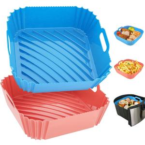 Air Fryer Silicone Liners Square 2 Pack 7.1 Inch Airfryer Liners 4-7 QT Reusable Air Fryer Liners Silicone Pot Oven Liner Baking Tray, Air Fryer Basket Silicone Mat Bowl Air Fryer Accessories Kitchen (Pink +Blue)