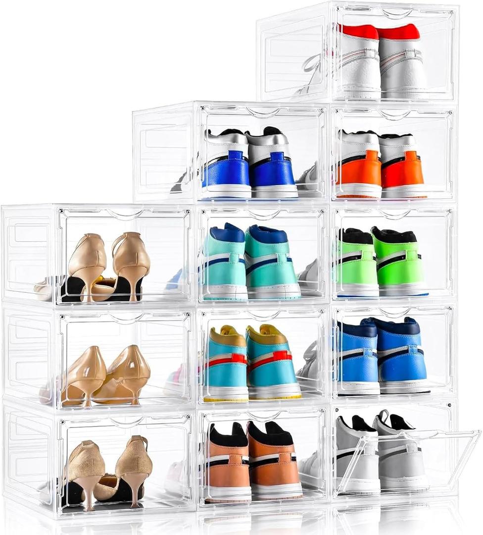 Clemate Upgraded X-Large Shoe Organizer,Shoe Storage Organizer,12 Pack,Shoe Box Clear Plastic Stackable,Drop Front Shoe Box with Clear Door, Shoe Containers For Sneaker Display,Fit up to US Size13