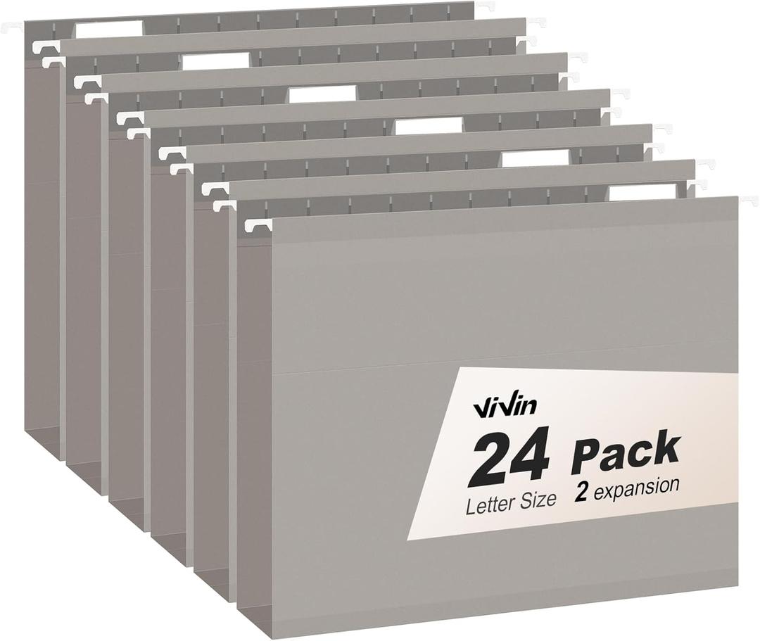 ViVin Hanging File Folders, 1/5-Cut Adjustable Tabs with 24 Per Box, 2 Inch Expansion, 24 Pack Letter Size Hanging File Folders, Designed for Office Home School Filing Cabinet (Gray)