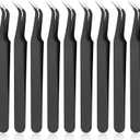 Honoson 9 Pieces Curved Pointed Craft Tweezers Stainless Steel Precision Tweezer with Protective Cover for Rhinestones Dried Flowers Craft Stickers Eyelash Extension Jewelry Making(Black)