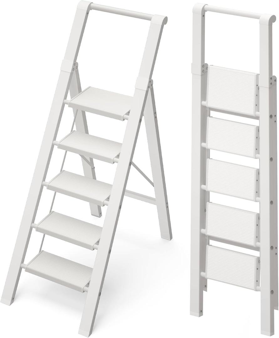 5 Step Ladder Foldable, Lightweight Aluminum Step Stool | Folding frame with handrail, small step platform with anti-slip, 330 lbs for home,kitchen,office,outdoor,White