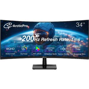 ArcticPro 34inch 200Hz Curved Gaming Monitor, WQHD 3440 * 1440p Computer Monitor, 1ms MPRT, Adaptive sync, 3000:1, 3-Sided Frameless, Ultra Slim, 122% sRGB, Bluelight Filter, HDMI(TMDS)& DP Ports