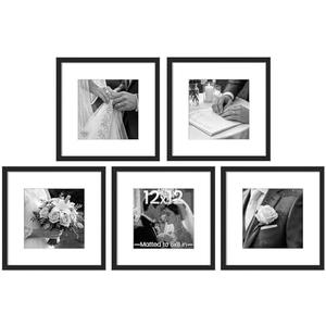 upsimples 12x12 Picture Frame Set of 5, Display Pictures 8x8 with Mat or 12x12 Without, Wall Gallery Poster Frames, Black