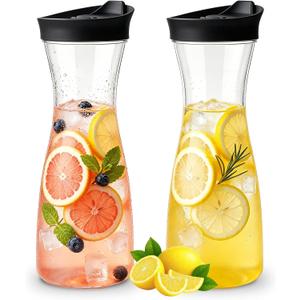 2 x Plastic Water Carafe, Leak-Proof Flip Lid Design, 35oz/51oz Capacity for Juice, Iced Tea, Lemonade, Suitable for Kitchen, Refrigerator, Picnics, Parties, Restaurants (2, Black lid, 35 oz)