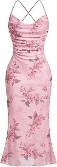 SOLY HUX Women's Floral Mesh Bodycon Cami Dress Cowl Neck Sleeveless Cocktail Party Wedding Guest Long Maxi Dresses (Medium, Pink Floral)