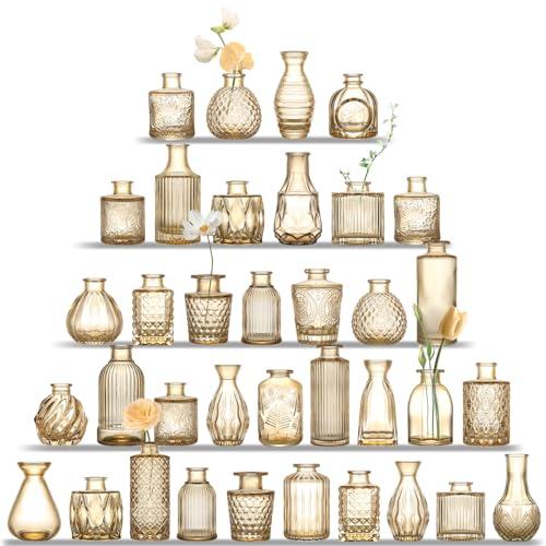 UPBUD Amber Glass Bud Vases Set of 24, Mini Flower Vase for Centerpieces, Small Gold Bud Vases in Bulk for Wedding Decorations, Vintage Vase for Table, Recepetion, Home Décor