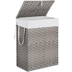90L Laundry Hamper with Lid, Hand-Woven Pp Rattan Laundry Basket with Compartments & Handles, Removable Liner Bags,Foldable, Narrow Dirty Clothes Basket, Grey